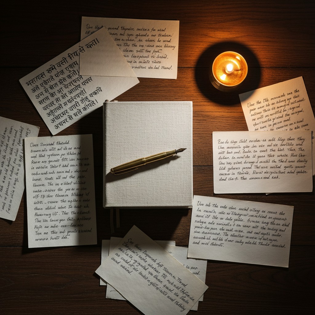 A collection of handwritten notes, canvas journal, and candle, likely utilizing fountain pen for calligraphy or writing. ....