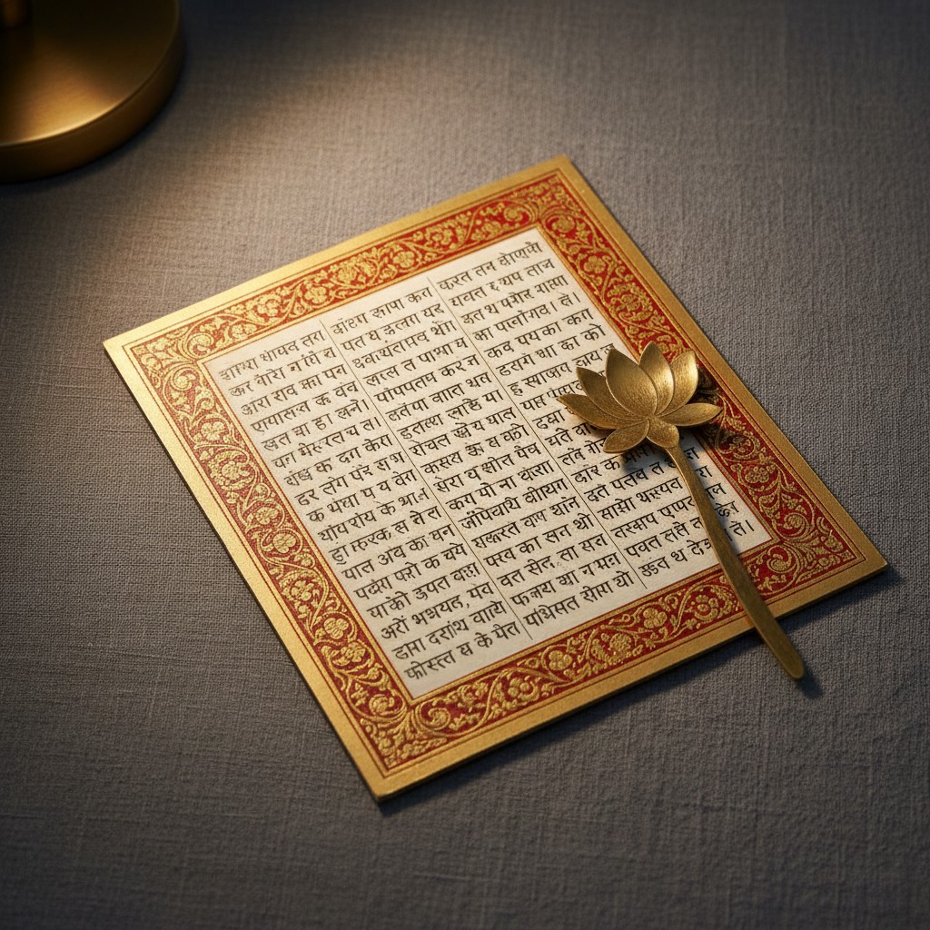 A golden lotus and board with a Sanskrit quote or verse on a gray surface.