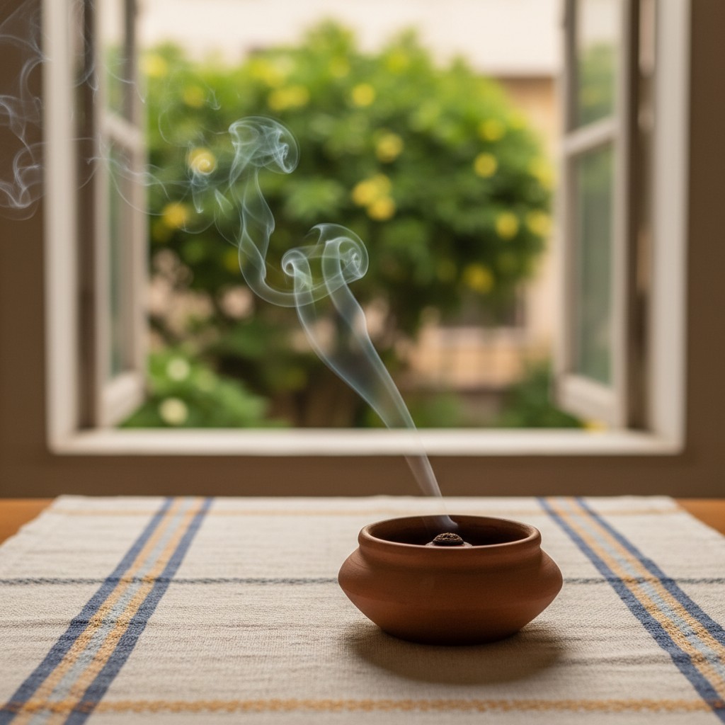 A clay bowl containing incense burns with smoke rising from an indoor tabletop, with a window view of an outdoor space in ...