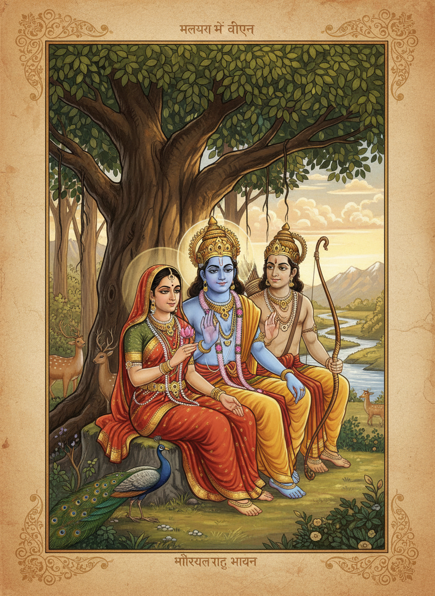 A mature, devotional illustration of a main scene from the Ramayana, featuring Lord Rama with Sita and Lakshmana in a serene forest setting, traditional Indian art style, suitable for readers above age 20