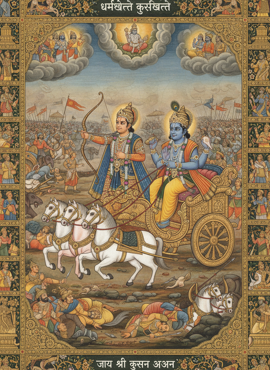 A detailed, devotional illustration of a key battle scene from the Mahabharata, featuring Arjuna and Krishna on the chariot on the battlefield of Kurukshetra, traditional Indian art style, suitable for adult readers